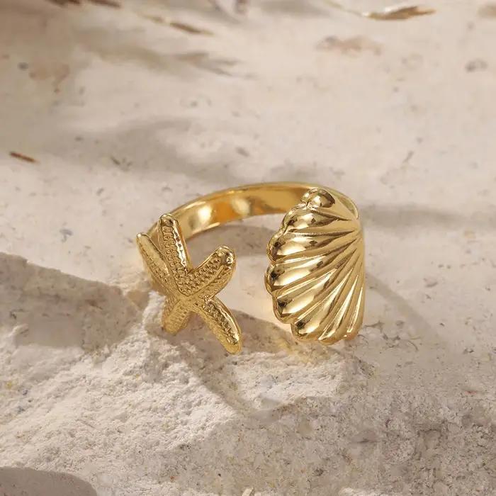 Bague hippocampe étoile de mer en acier inoxydable plaqué or pour femmes, cadeau idéal pour occasions spéciales comme les mariages, anniversaires et fêtes