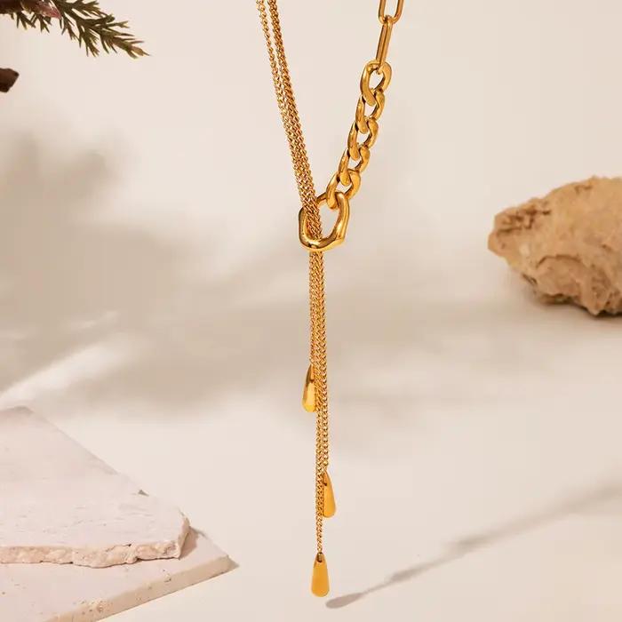 Trois colliers à chaînes différentes pour femmes, plaqués or 18 carats, en acier inoxydable, long collier à pampilles pour femme, chaîne pour pull