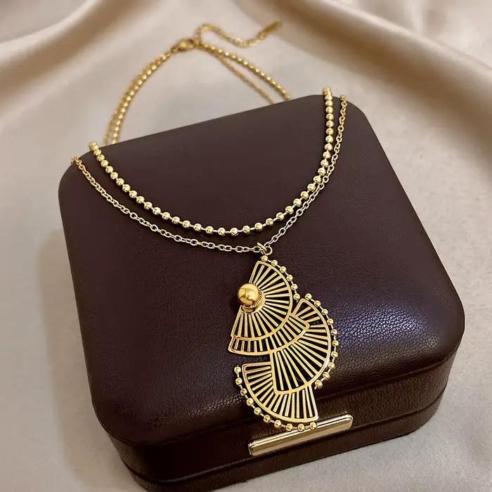 Pendentif Greatera en forme d'éventail triple couche collier de perles double chaîne acier inoxydable pour femmes élégantes occasions spéciales