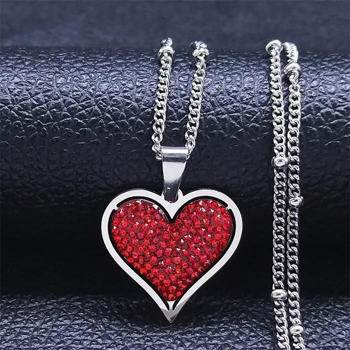 Mode amour coeur rouge en acier inoxydable cristal collier à breloques couleur or petits colliers bi