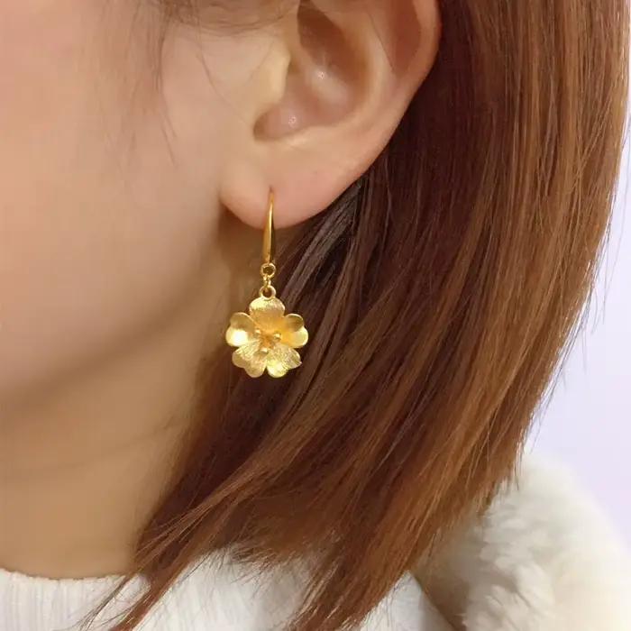 Véritable 18k couleur or fleur longue boucle d'oreille pour les femmes mariée mariage usage quotidien plaqué or boucle d'oreille bijoux cadeaux