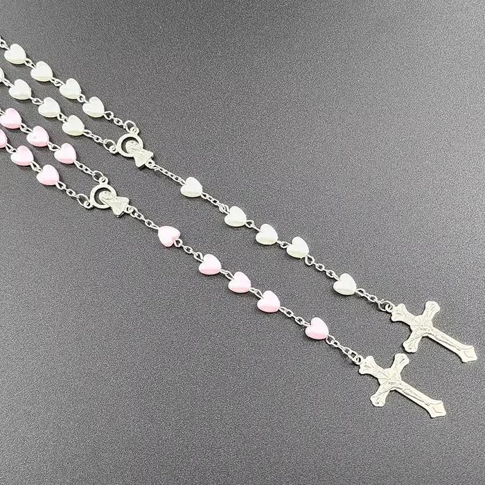 Collier chapelet coeur blanc pour femme, croix de la Vierge Marie, pendentif INRI, Long JOMen, religion, prière, fête, accessoires de bijoux