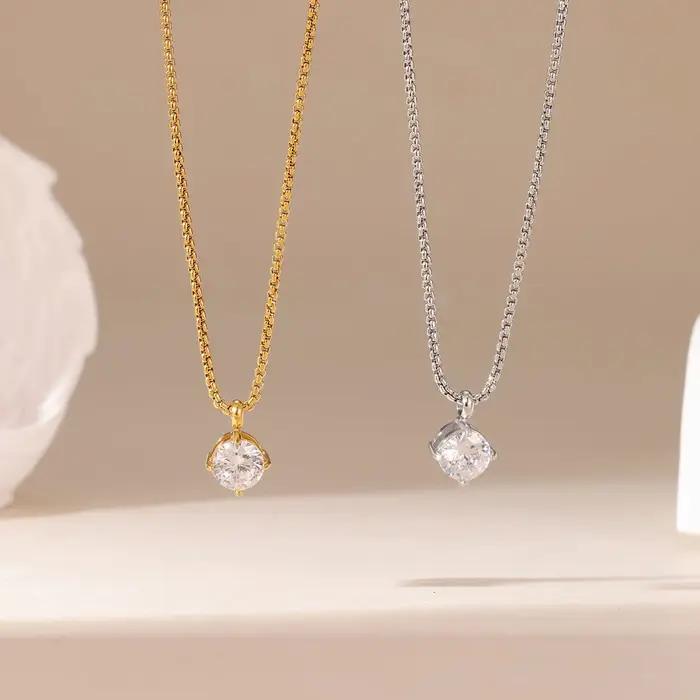 Collier pendentif solitaire en acier inoxydable – Bijoux minimalistes incrustés de cristal doré/argent pour femmes