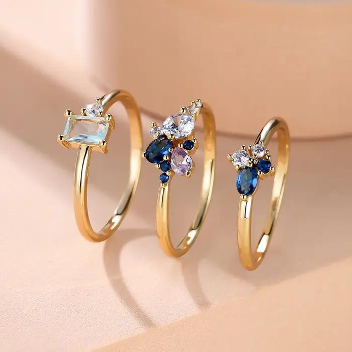 Ensemble de bagues triples de luxe en Zircon bleu Royal, violet et blanc, couleur or Rose, anneaux f