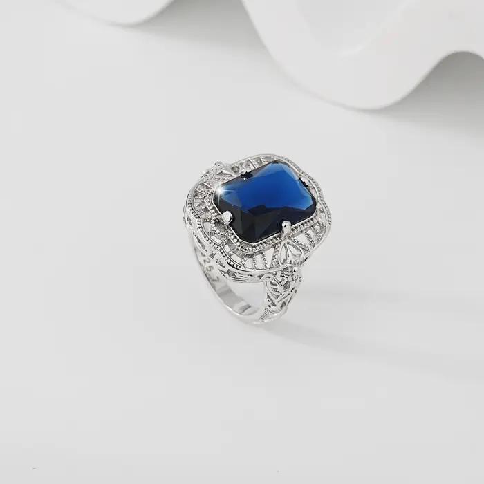 Bague en Argent Sterling 925 Sertie de Saphir Bleu Élégante pour Occasions Spéciales Femme Bijoux Vintage Filigrane