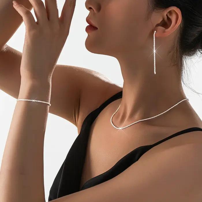 Ensemble de bijoux de collier et de Bracelet de chaîne de clavicule plaquée argent brillant