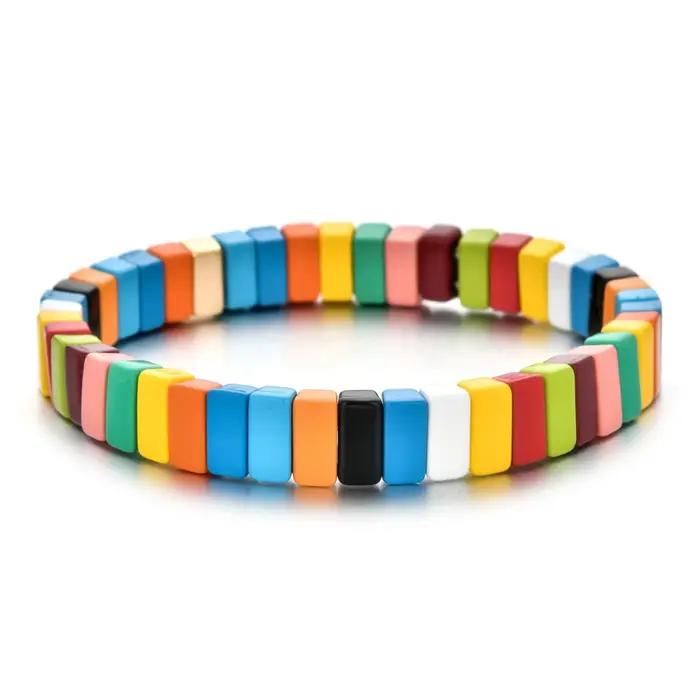 Bracelet bohème fait à la main carreaux arc-en-ciel émaillés empilables tressés mode photographie de rue pour femmes occasions spéciales