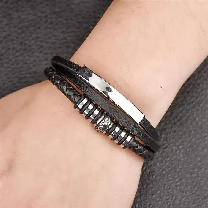 Bracelet en cuir pour homme style punk acier inoxydable plaqué argent rhodium occasion quotidienne fête cadeau original