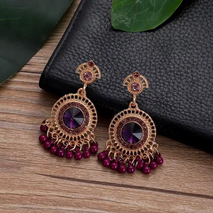 Boucles d'oreilles ethniques rondes en clip pour femme accessoires de bijoux indiens vintage or pompon cadeau de mariage occasions spéciales