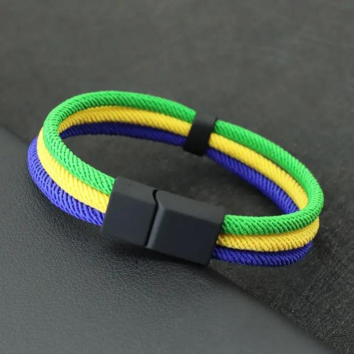 Nouveau Colorblock drapeau symbole Bracelet hommes 3 couches ouvrable aimant boucle Nylon cordon cha