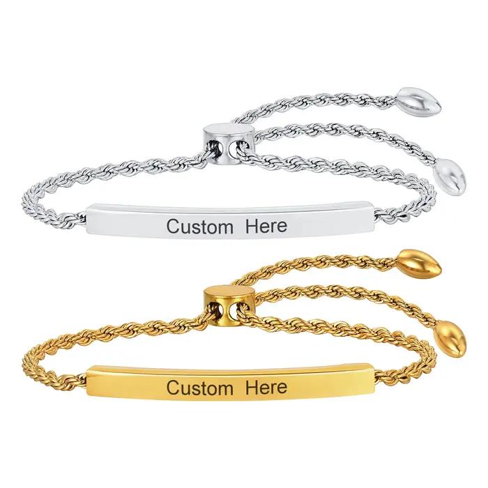 Bracelet personnalisable en acier inoxydable pour femmes avec nom et date gravés cadeau occasion spéciale torsadé ajustable