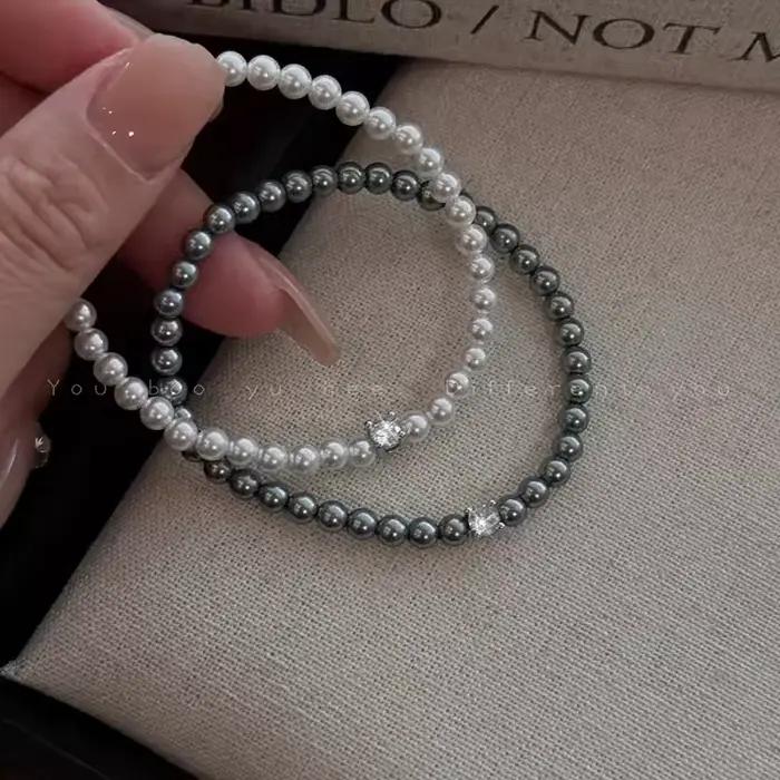 Bracelet à breloques rétro en perles grises et blanches pour femmes, bracelet en Zircon de tempérament classique, mode coréenne, bijoux, accessoires, cadeau