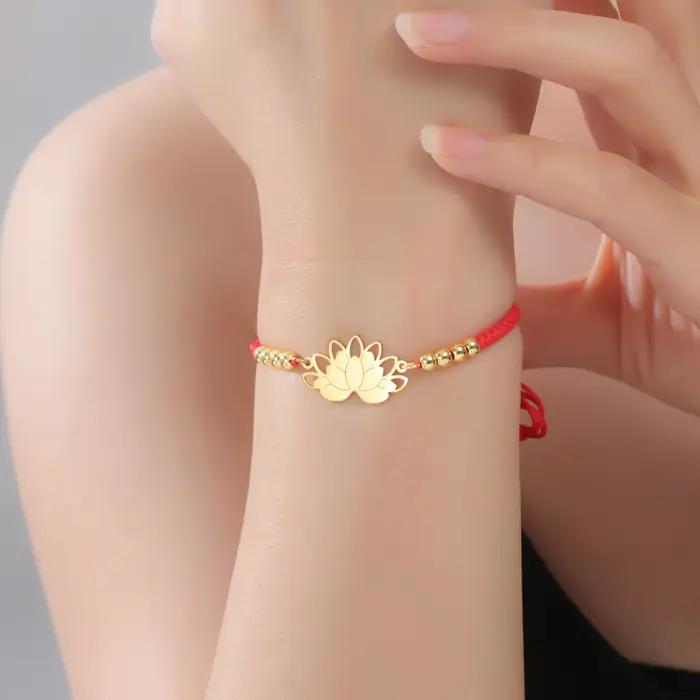 LIKGREAT Bracelet fleur de Lotus Bracelets tissés réglables pour femmes Boho Yoga méditation bijoux en acier inoxydable cadeau de Protection