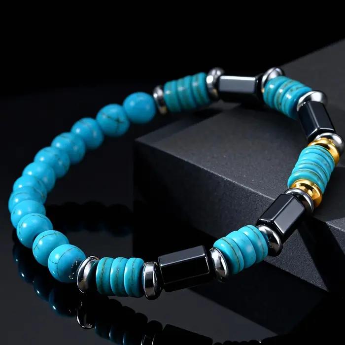 Bracelet rétro en perles de pierre bleue naturelle pour hommes