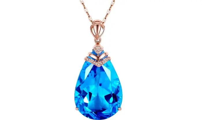 Collier en or rose 14K pendentif saphir bleu pour femme topaze goutte calcédoine
