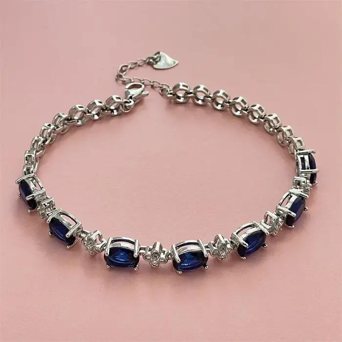 Bracelet en argent sterling 925 avec pierre précieuse bleu foncé