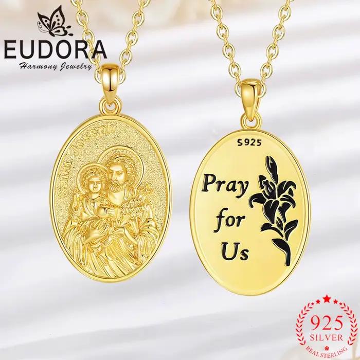 Collier Eudora Saint Joseph en argent sterling 925 plaqué or 18 carats pendentif médaille prière bijou religieux cadeau pour homme et femme occasions spéciales