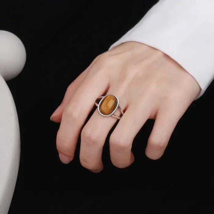 Bague en argent sterling 925 sertie d'œil de tigre naturel pour hommes et femmes, grande pierre, bijou vintage pour occasions spéciales engagement anniversaire mariage fête cadeau