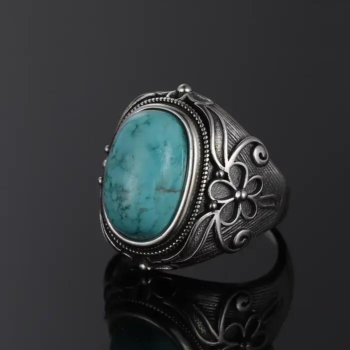 Bague Vintage en Argent Sterling S925 Turquoise Naturelle Bijou Luxe Cadeau Anniversaire Fête Spéciale Femme Occasions Spéciales