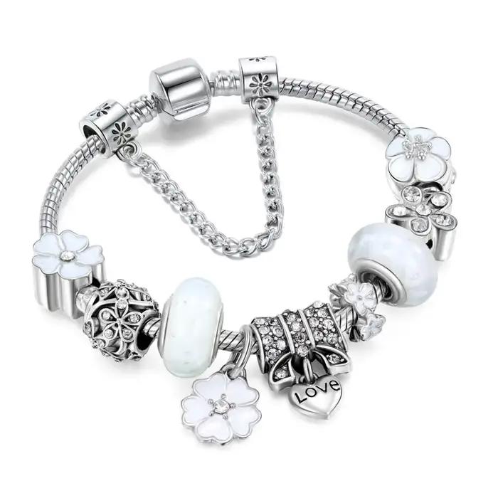 Bracelet à breloques en argent vintage pour femme perles de cristal bricolage bijoux de marque occasions spéciales anniversaire cadeau fête mariage