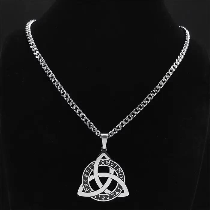 Collier pendentif en acier inoxydable avec runes Futhark vikings nordiques, symbole de nœud celtique Triquetra, Trinité Sainte, amulette, bijou cadeau
