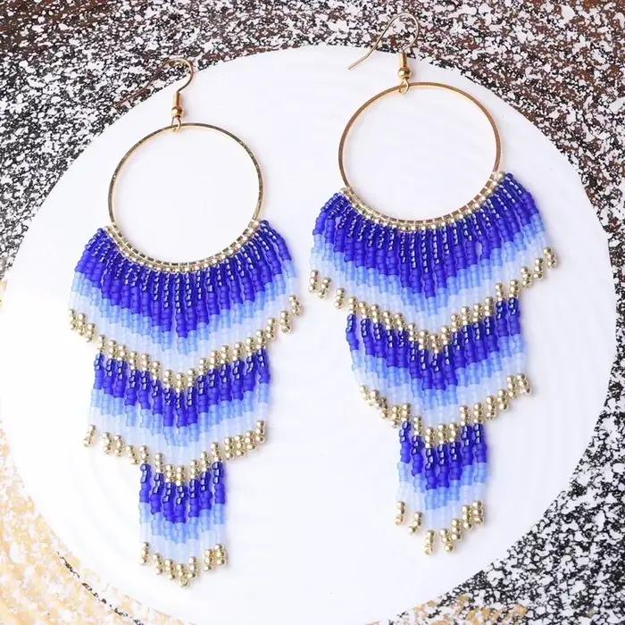 Boucles d'oreilles perlées cercle multicouche flèche tricot à la main originalité dégradé bohême alliage gland marée