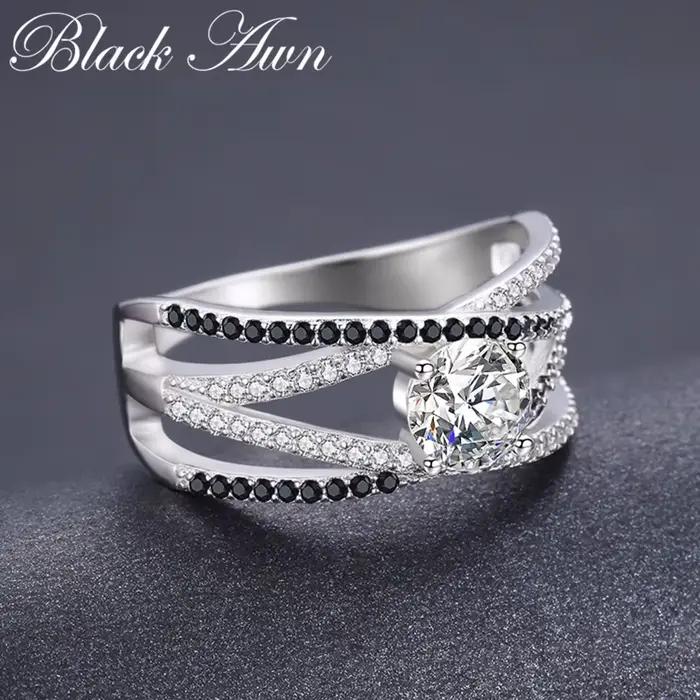 Nouveauté authentique 925 en argent Sterling femmes anneaux blanc/noir zircone bagues