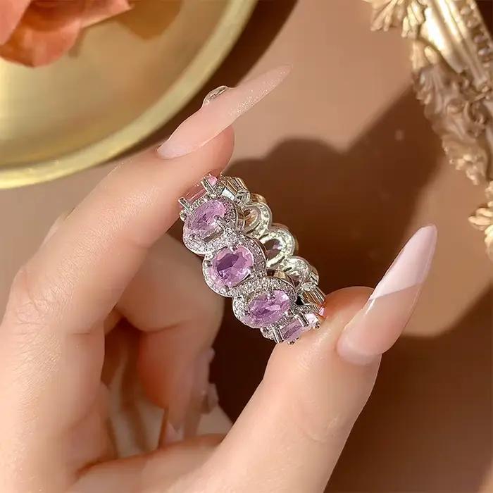 Bague de luxe en Zircon rose pour femmes, bijoux en cristal scintillant plaqué argent 925, cadeau pour elle