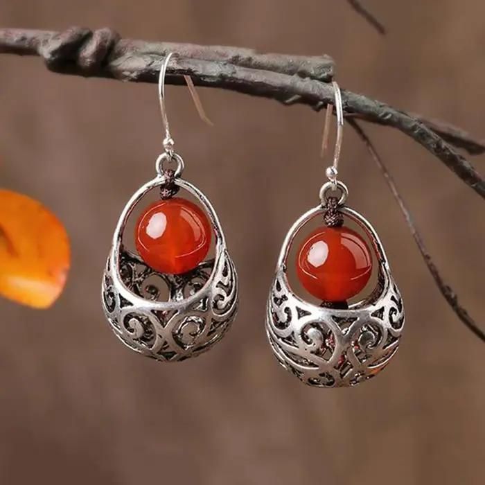 Boucles d'oreilles en placage d'argent serties de zirconium rouge style ethnique pour femmes occasions spéciales élégantes