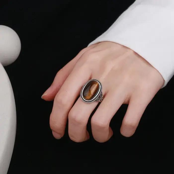 Bague Ovale en Œil de Tigre Naturel Grande Taille Bijoux Vintage Pour Femmes Hommes Occasions Spéciales Anniversaire Fiançailles Mariage Partie Fête Cadeau