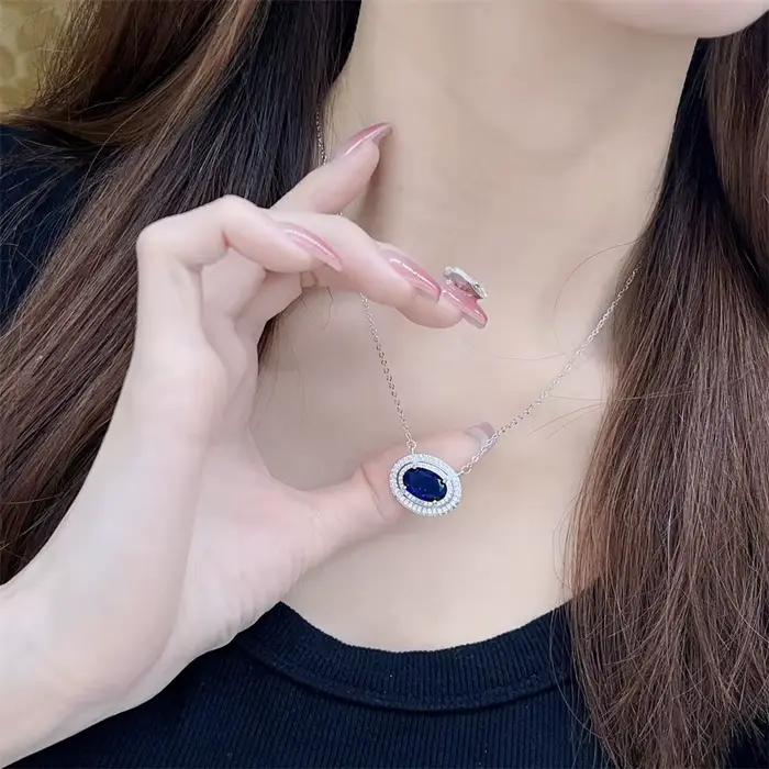 Collier avec pendentif en saphir pour femmes, en argent 925, de haute qualité, pierre précieuse bleue légère et luxueuse, chaîne ovale, bijoux de banquet, nouvelle collection