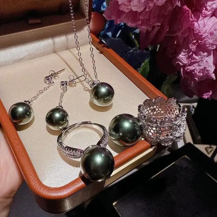 Ensemble de bijoux en perles de coquillage vert paon et pierres scintillantes, bague au design nid d'abeille avec diamants étincelants, ensemble de collier en perles de Tahiti Princess