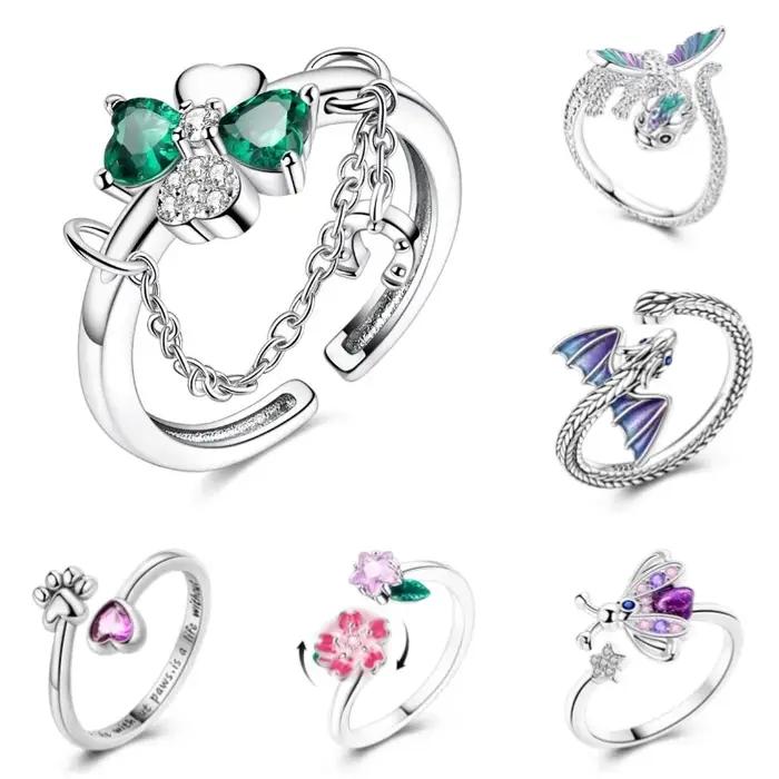 Trèfle réglable anneau 925 en argent Sterling Original rotatif fleur de cerisier anneaux ouverts pour les femmes bijoux de mariage cadeau