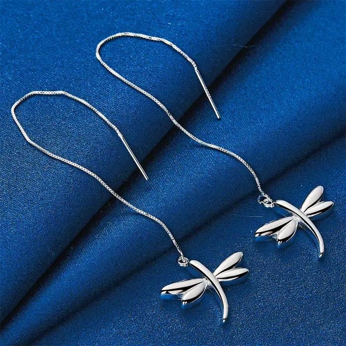 Boucles d'oreilles longues en argent sterling 925 avec motif libellule, charmantes et exquises, pour femmes, bijoux élégants pour cadeau de mariage