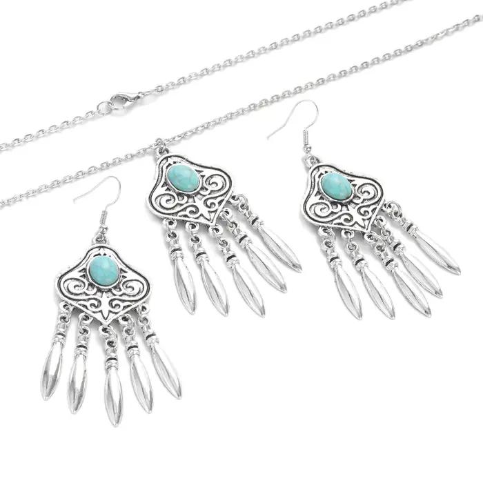 Ensemble de bijoux ethniques indiens pour femme plaqué argent boucles doreilles géométriques collier pampilles turquoises bleues occasions spéciales engagement