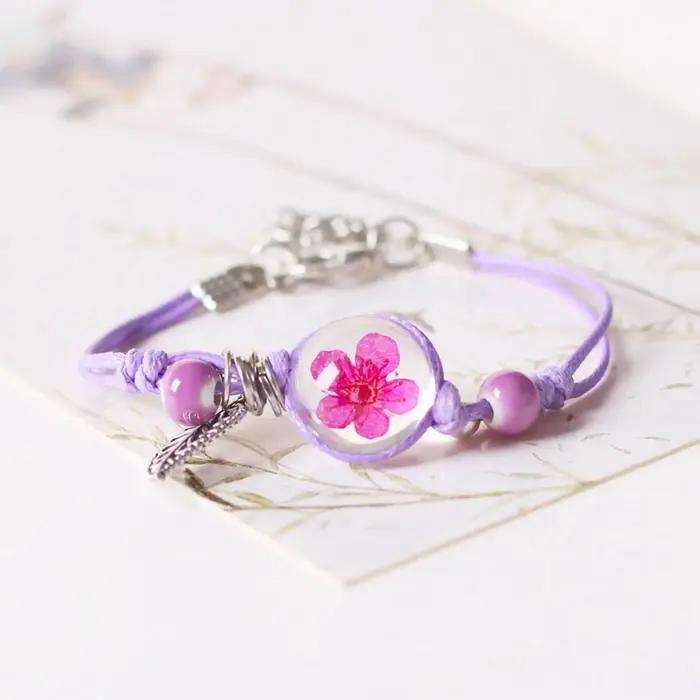 Bracelet en céramique à breloques fleurs séchées chaîne corde tressée pour femmes occasions spéciales cadeau unique
