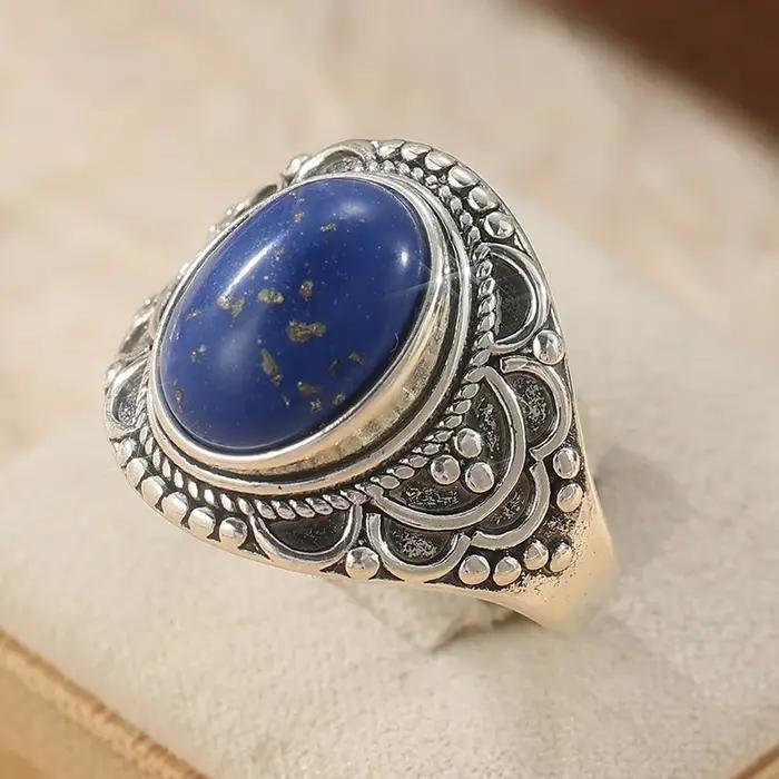Bague ethnique pour femme en argent avec imitation de lapis-lazuli