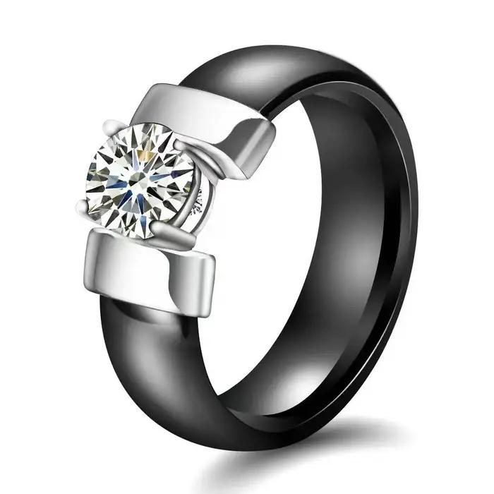 Bague de fiançailles en céramique noire et blanche pour femme, avec pierre de zircon brillante, alli