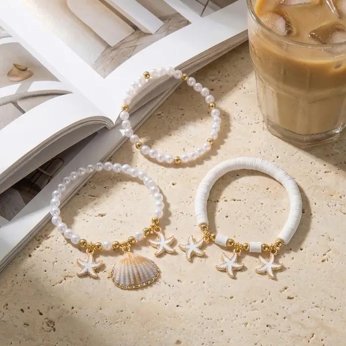 Ensemble de bracelets de luxe en perles d'imitation Heishi pour femmes