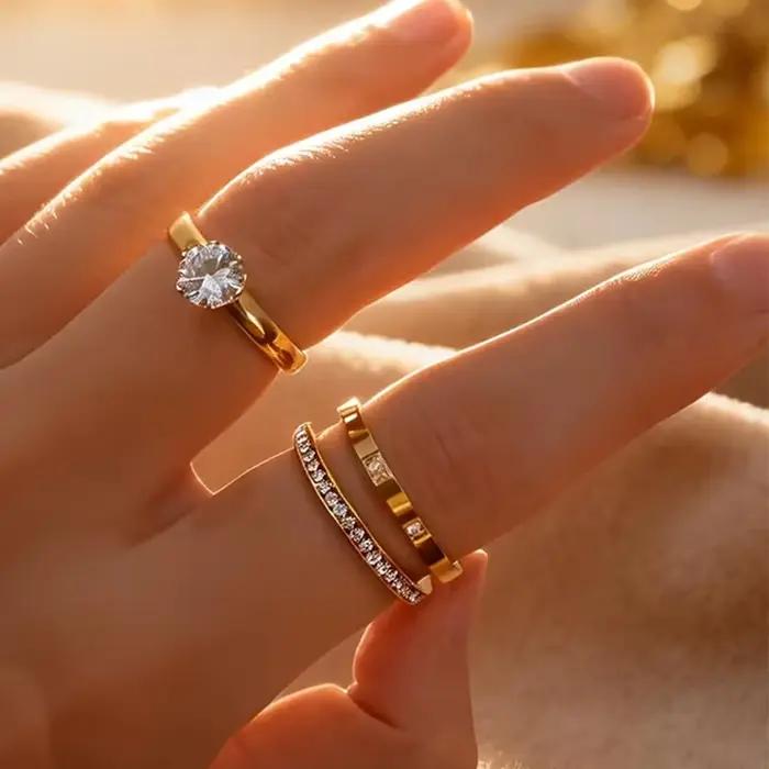 Yupsk – Lot de 3 bagues en acier inoxydable avec zircon synthétique brillant pour femme – Style simple et tendance