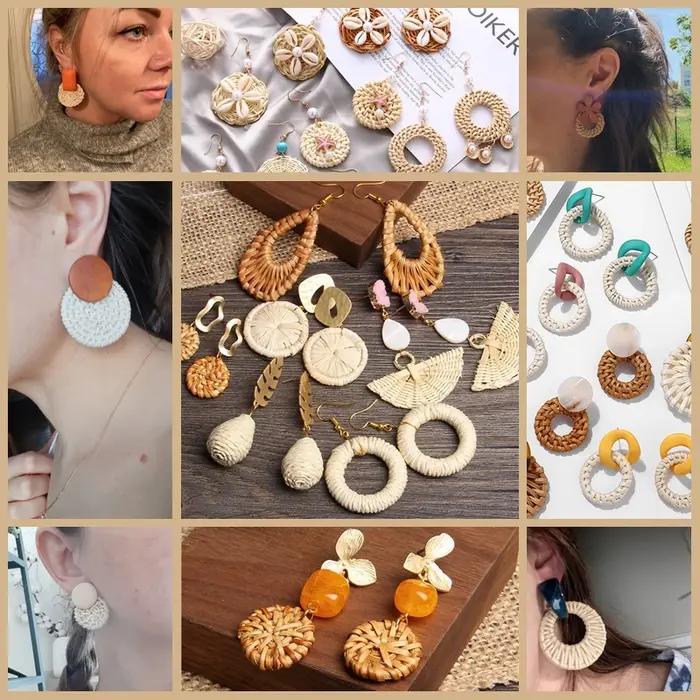 Boucles d'oreilles en bois de bambou faites à la main avec tressage géométrique en rotin pour femmes et hommes mode occasions spéciales anniversaire fête cadeau