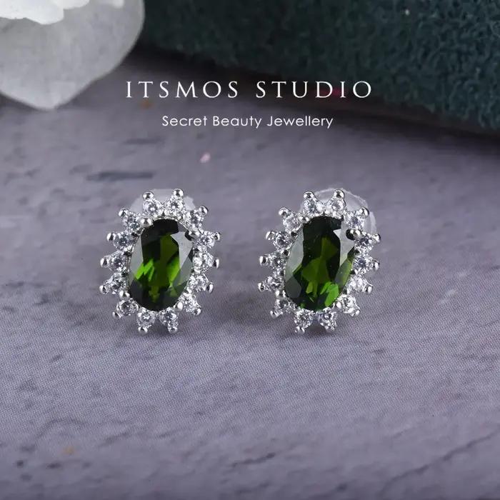 ITSMOS-Boucles d'oreilles diopside authentiques pour femmes, clous d'oreilles ovales, diamant vert s