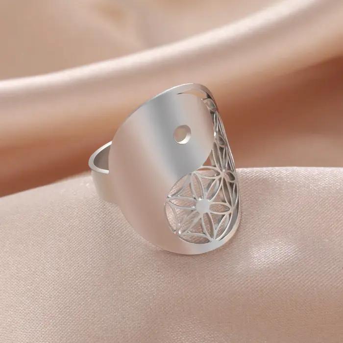 Skyrim Yin Yang fleur de vie bague pour femmes en acier inoxydable couleur or anneaux géométriques réglables Vintage amulette bijoux cadeau