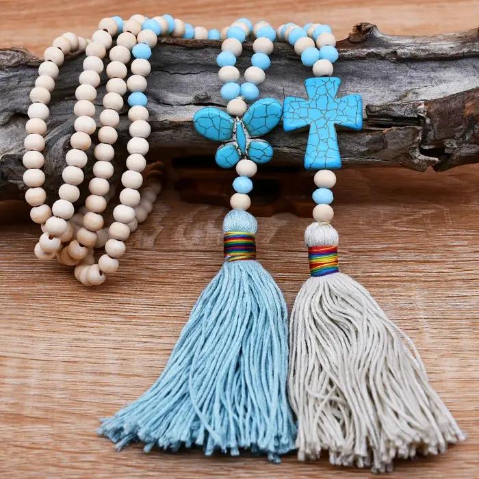 Long collier à pampilles de perles en bois pour femmes