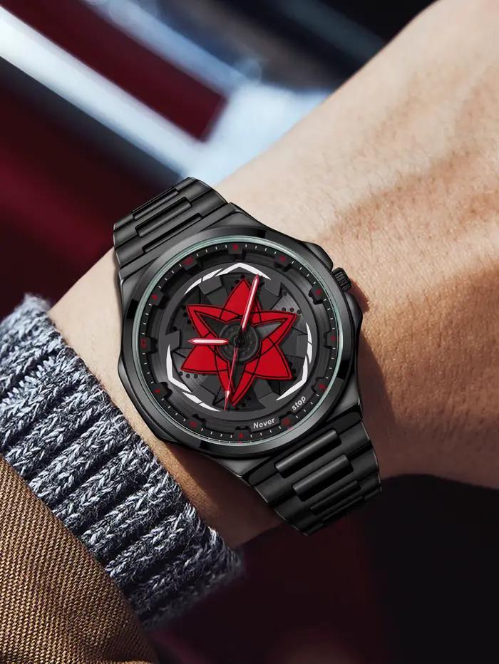 Montre à bracelet en acier pour hommes – Style Cool noir, cadran tendance rotatif, cadeau de vacances créatif