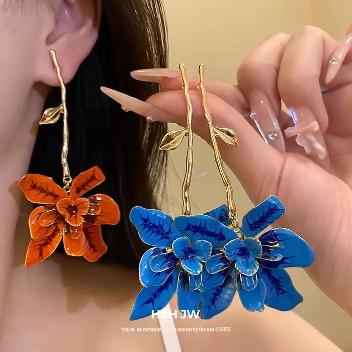 Boucles d'oreilles pendantes en forme de fleur, design rétro élégant et luxueux, accessoires pour les oreilles