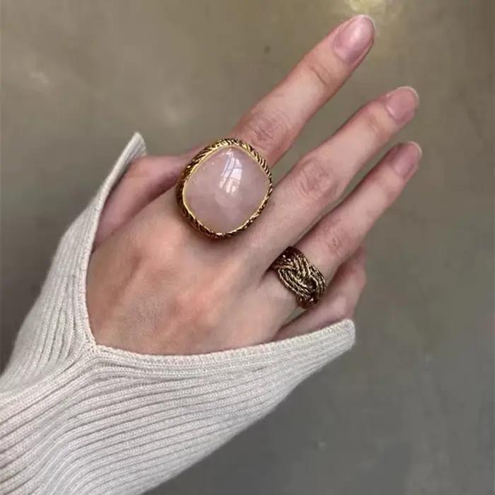 Bague en cristal rose, bijoux vintage en métal tendance pour l'index