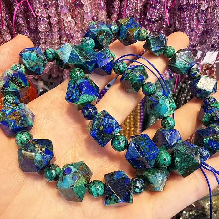 Bracelets et Colliers en Perles Octogonales Facettées en Azurite Bleue Naturelle de Qualité AAA pour Bonne Fortune Bijoux Personnalisés Occasions Spéciales