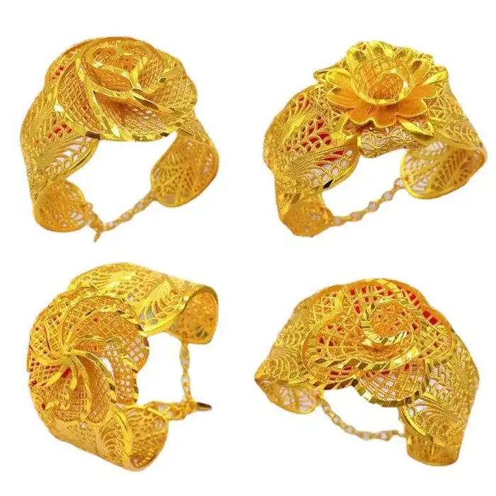 Bracelet pour femme en or 24 carats avec chaîne vietnamienne et fleur - Design ouvert + artisanat micro-incrustation de