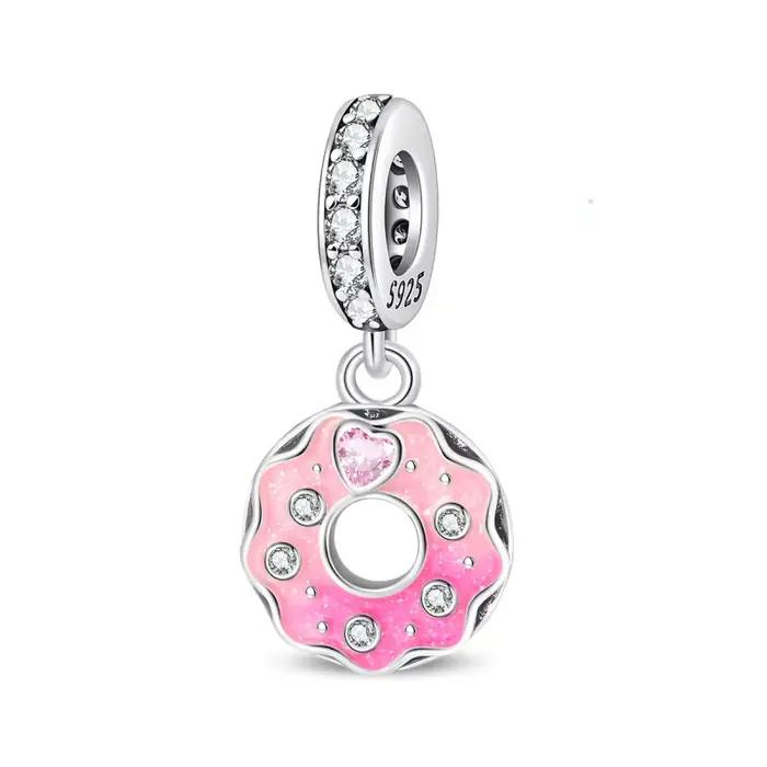 Breloques en argent sterling 925 en forme de donut rose avec zircon, perles pendantes compatibles av
